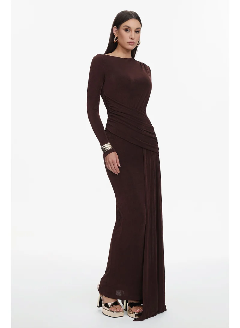 Bella Barnett  Skyler Elegant Contour Long Sleeve Ruched High Slit Knit Brown Maxi Dress for Women | Best Price UAE